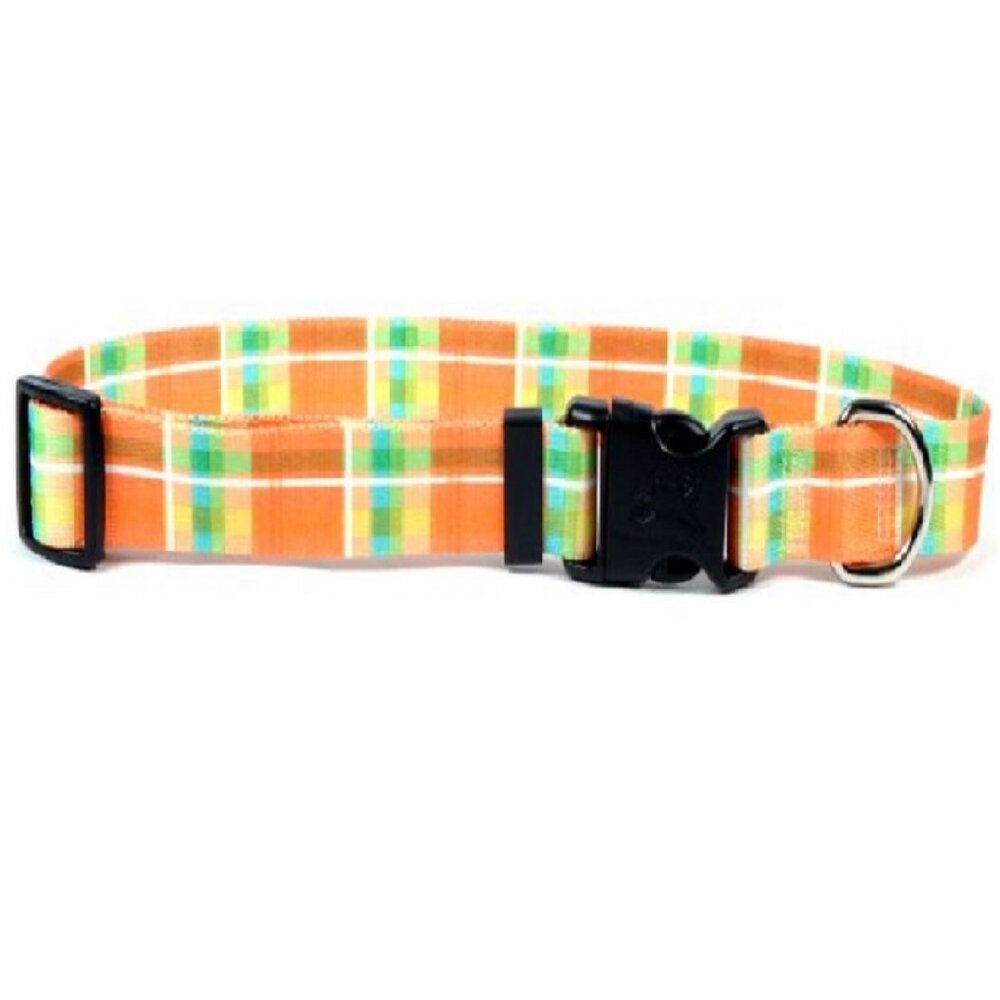 Size Small Preppy Orange / Green Madras Dog Collar by Yellow Dog Design
